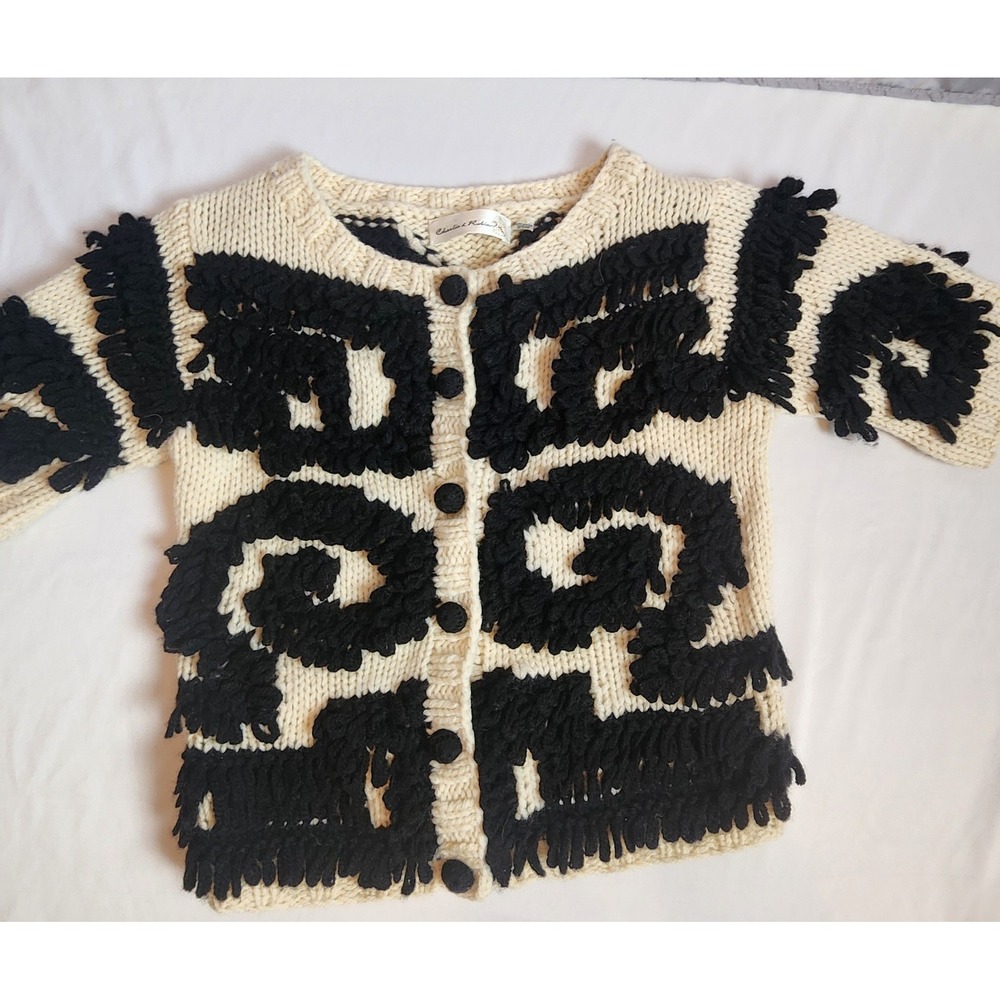 Charlie & Robin Wool Cardigan Sweater M Black White Geometric Shaggy Boho Retro